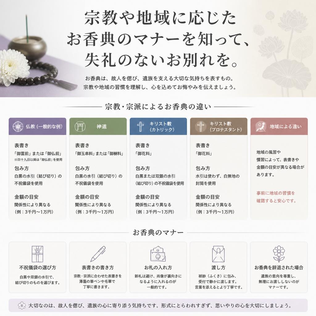 宗教や地域に応じたお香典のマナーを知って、失礼のないお別れを。